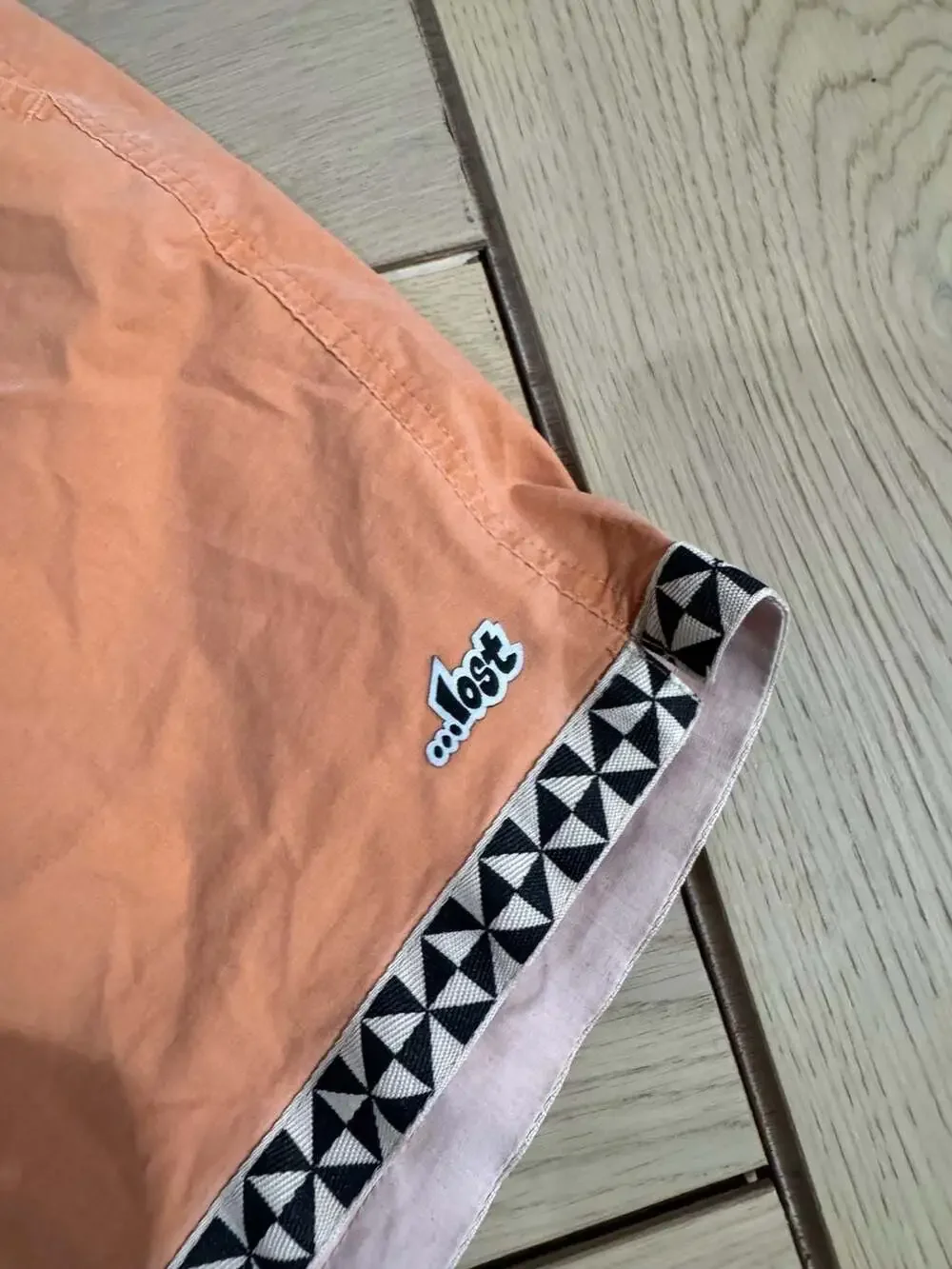 Lost Surfboards Men's Orange Elastic Waist Volley Swim Shorts Geometric Hem